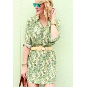 CAbi green palm leaf v-neck faux wrap mini dress M